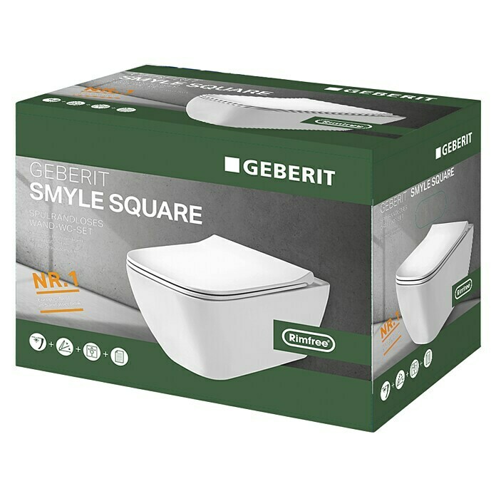 Geberit Wand-WC-Set Smyle SquareSpülrandlos, Ohne Spezialglasur, Spülform: Tief, WC Abgang: Waagerecht, Weiß Diagonal View