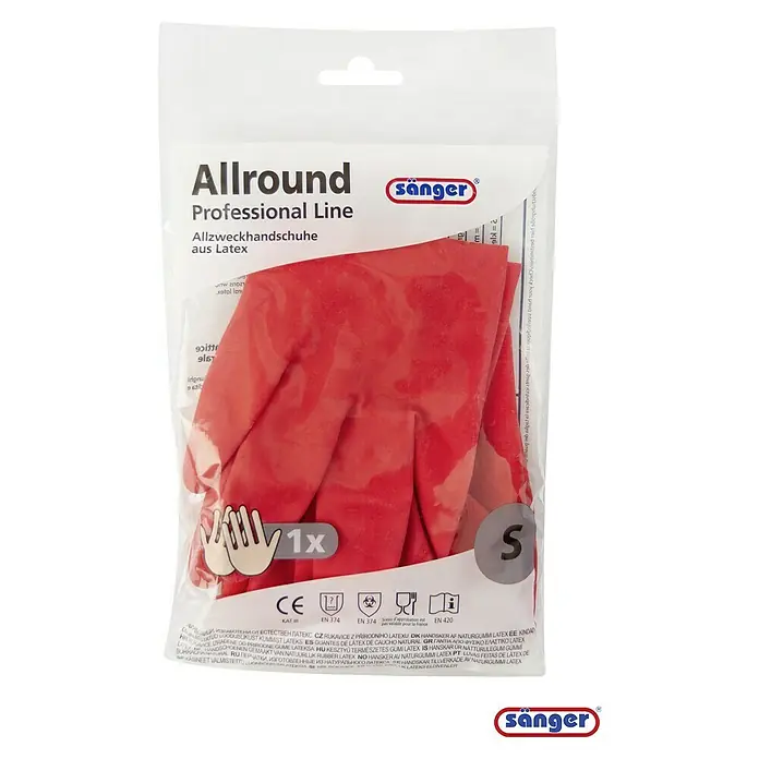 Sänger Professional Line Haushaltshandschuhe Allround - S, Rot, Latex - Die roten Allround Professional Line Latexhandschuhe in Größe S sind in einer durchsichtigen Verpackung mit Aufdruck von Sänger.