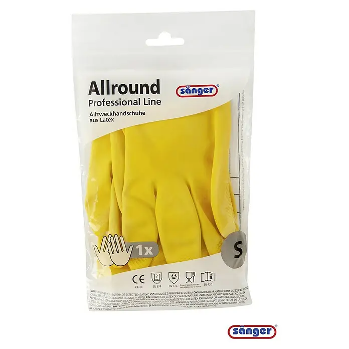 Sänger Professional Line Haushaltshandschuhe Allround - S, Gelb, Latex - Verpackung gelber Allround-Latex-Handschuhe der Professional Line von Sänger, Größe S. Ideal für vielfältige Reinigungsarbeiten.