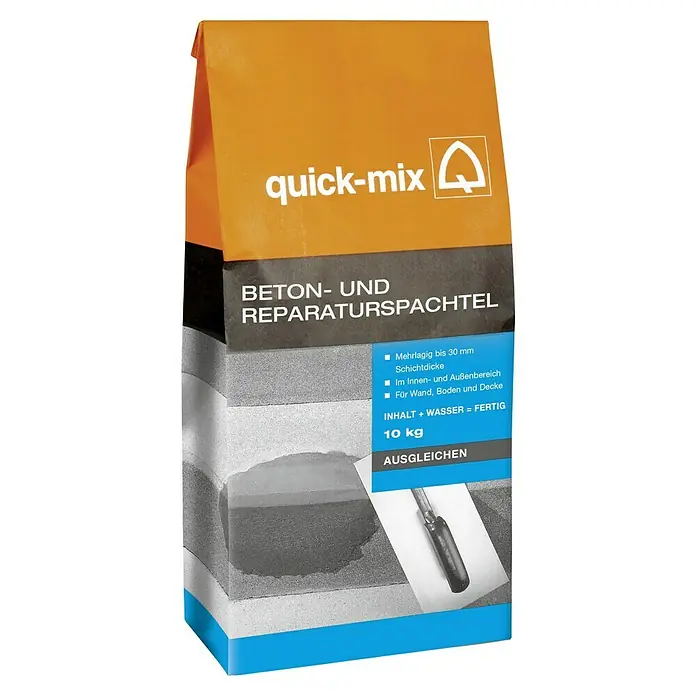 Quick-Mix Beton- & Reparaturspachtel - 10 kg - Abbildung einer Packung Quick-Mix Beton- und Reparaturspachtel, einem Mörtelprodukt zum Ausgleichen und Reparieren von Betonoberflächen.