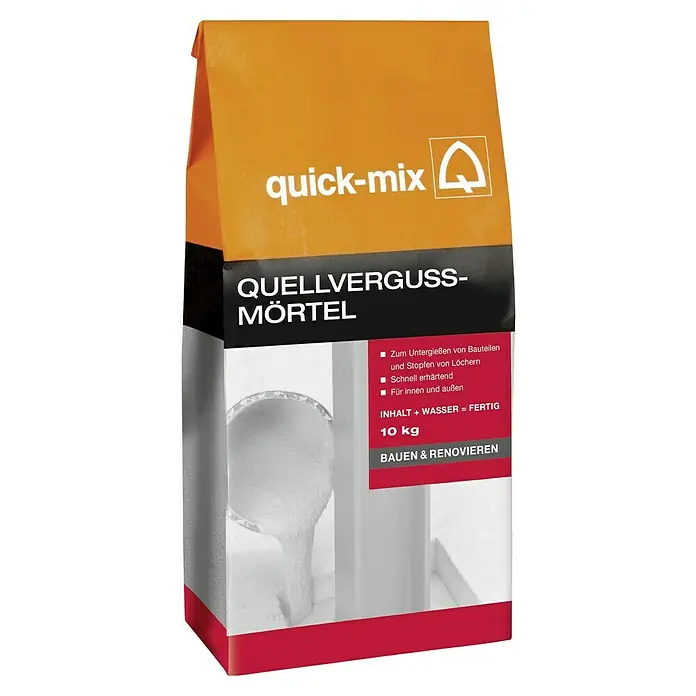 Quick-Mix Quellvergussmörtel QVM 10 - 10 kg - Bild eines Sackes Quellvergussmörtel von Quick-Mix, einem schnell härtenden Füllmörtel zum Untergießen und Verstopfen von Löchern.