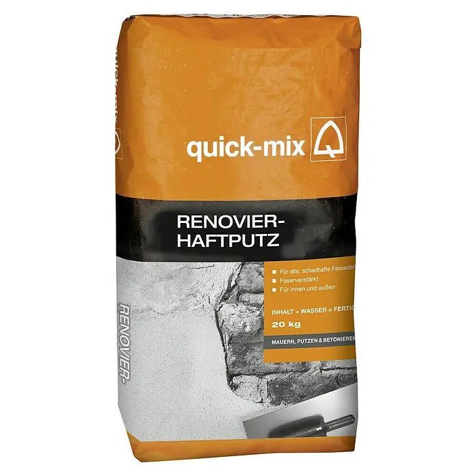 Quick-Mix Renovierhaftputz - 20 kg, Zement - Bild eines Sacks Quick-Mix Renoviermörtel Haftputz, ideal für die Renovierung und Reparatur von Fassaden und Mauerwerk.