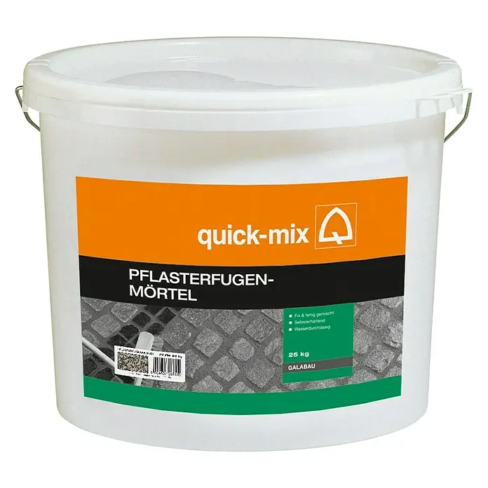 Quick-Mix PflasterfugenmörtelSteingrau, 25 kg - Weißer Eimer Pflasterfugenmörtel von quick-mix für den Garten- und Landschaftsbau. Der Mörtel ist gebrauchsfertig gemischt und selbsthärtend.