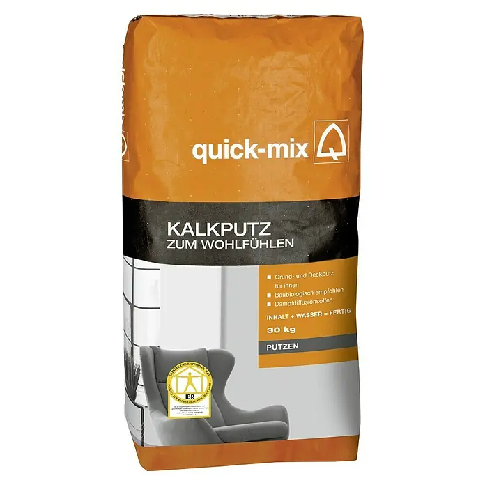 Quick-Mix Kalkputz KAPU 30 - 30 kg - Abbildung eines Sackes Kalkputz von Quick-Mix, geeignet für den Innenbereich und empfohlen für ökologisches Bauen.