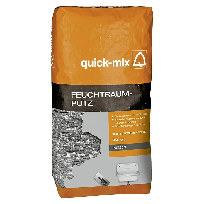 Quick-Mix Feuchtraum-Putz FRP 30 - 30 kg - Abbildung eines Sacks Quick-Mix Feuchtraumputz, einem Mörtel für feuchte Umgebungen, mit den Aufschriften und Produktinformationen.