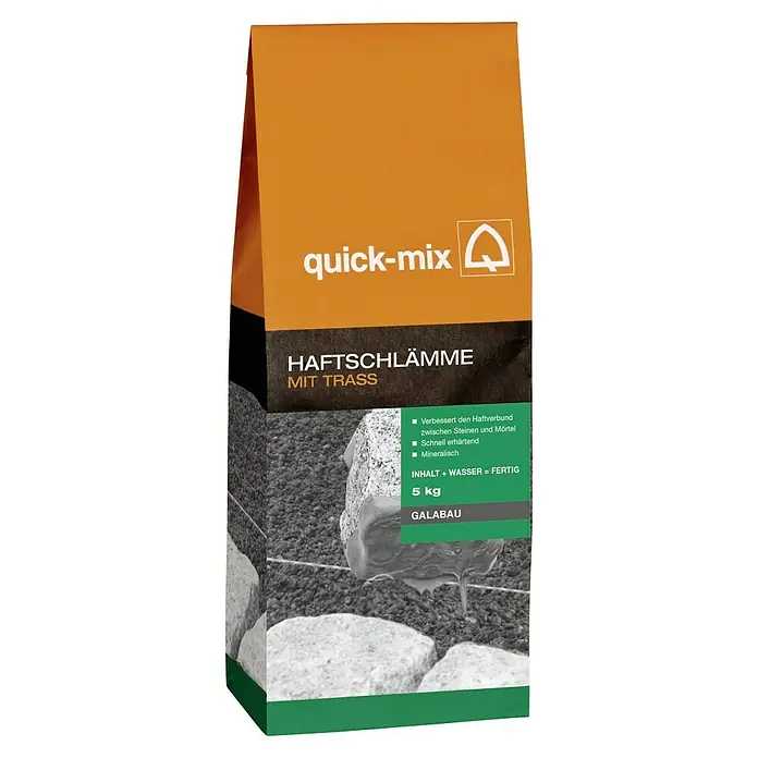 Quick-Mix Haftschlämme - 5 kg - Eine Packung Quick-Mix Haftschlämme mit Trass, ideal für die Garten- und Landschaftsbau, Inhalt 5 kg. Verbessert die Haftung zwischen Steinen und Mörtel.