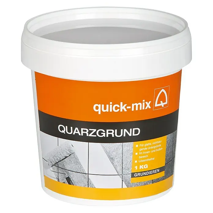 Quick-Mix Quarzgrund - 1 kg - Produktbild eines Eimers Quick-Mix Quarzgrundierung, ideal für glatte Untergründe im Innen- und Außenbereich. 1 KG.