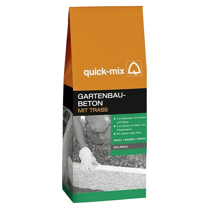 Quick-Mix Gartenbaubeton mit Trass - 10 kg - Ein Sack Gartenbaubeton von Quick-Mix mit Trass. Ideal zum Betonieren von Sockeln und Platten im Garten- und Landschaftsbau.
