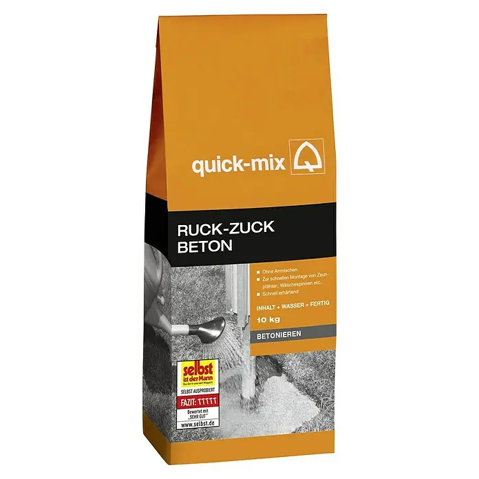 Quick-Mix Trockenbeton Ruck Zuck - 10 kg, Körnung: 0 mm - 8 mm, Gebrauchsfertig - Abbildung einer Packung Quick-Mix Ruck-Zuck Beton, ideal für schnelle Montagen ohne Anmischen. Inhalt: 10 kg Fertigbeton.