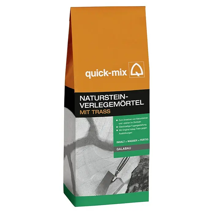 Quick-Mix Naturstein-Verlegemörtel - 10 kg - Eine Packung Natursteinverlegemörtel von Quick-Mix, ideal für die Verlegung von Natursteinen und -platten mit Trasszusatz für Garten- und Landschaftsbau.