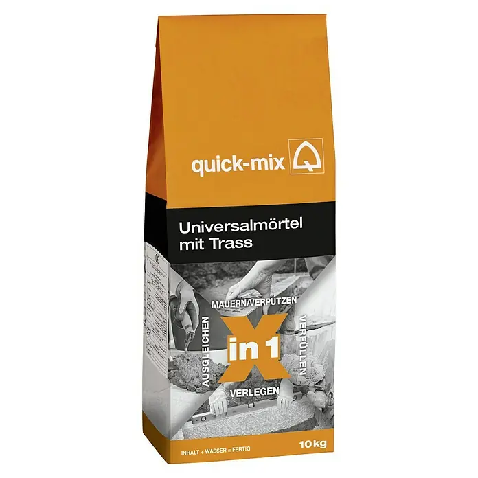 Quick-Mix Universalmörtel Trass Uni-X in 1 - 10 kg - Abbildung einer Packung Quick-Mix Universalmörtel mit Trass, ein vielseitiges Produkt für Maurer-, Putz- und Verlegearbeiten.