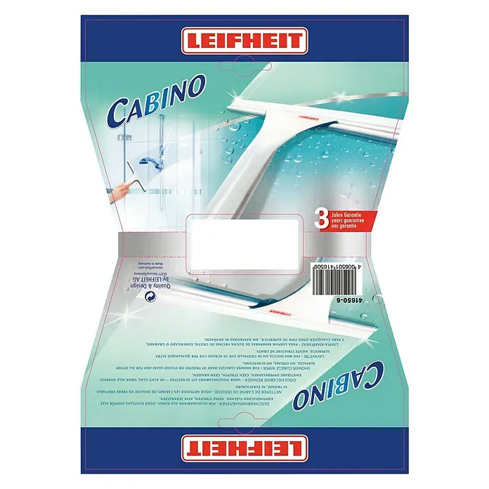 Leifheit Bad-& Duschabzieher Cabino Showerslider - Weiß, Kunststoff - Produktverpackung für Leifheit Cabino Duschkabinenabzieher, streifenfreie Reinigung für Glas- und Kunststoffoberflächen.