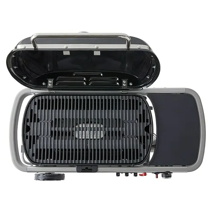 Weber Barbacoa de gas Traveler - Superficie de la parrilla (An x Pr): 64 x 35 cm, 3,8 kW, Número de quemadores: 1 - Vista de la parrilla Weber Go-Anywhere, una parrilla compacta y portátil con tapa abierta, ideal para asar sobre la marcha.