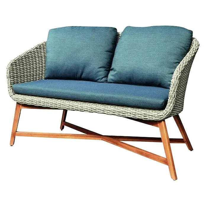 Sunfun Pauline Loungemöbel-Set - 4 -tlg., Akazie/Polyrattan, Aluminium, Bambusgrau/Naturbraun - Stilvolles Rattansofa mit blauen Kissen und Holzgestell. Die perfekte Sitzgelegenheit für Ihren Garten oder Ihre Terrasse.