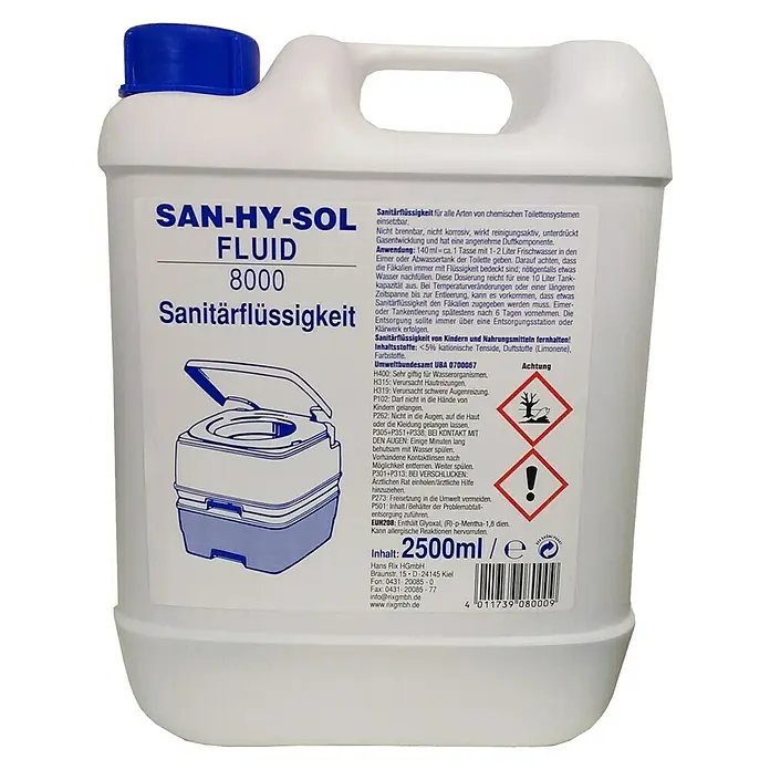 Sanitärflüssigkeit San-Hy-Sol - 2,5 l - Produktbild von SAN-HY-SOL Fluid 8000 Sanitärflüssigkeit, ideal für chemische Toilettensysteme. Reinigungsaktiv und mit Duftkomponente.