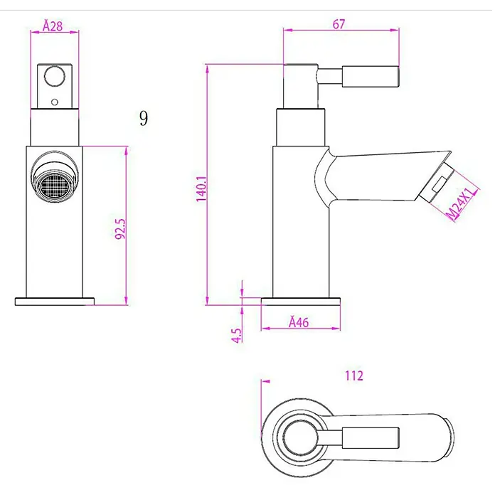 Camargue Kaltwasser-Standventil Trevi - Chrom, Glänzend - Technische Zeichnung eines Waschtischhahns mit Maßangaben. Detailreiche Darstellung der Armatur mit allen wichtigen Abmessungen.