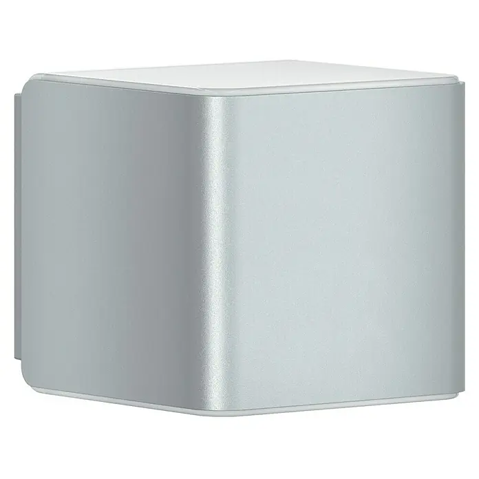 Steinel Aplique exterior LED L 840 SC - 9,1 W, 13,4 x 11 x 11 cm, Plateado, IP44 - Imagen detallada de un moderno dispositivo en forma de cubo en plata y blanco, ideal para su uso como centralita doméstica inteligente.