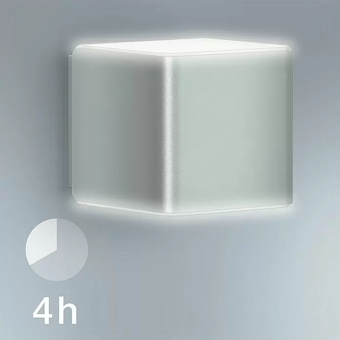 Steinel Aplique exterior LED L 840 SC - 9,1 W, 13,4 x 11 x 11 cm, Plateado, IP44 - Lámpara de pared cuadrada iluminada en blanco/plata, con icono de temporizador '4h'.