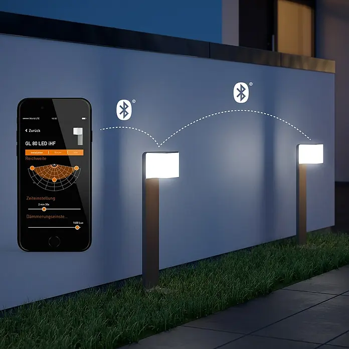Steinel Sobremuro exterior GL 80 SC - Color del marco: Plateado, Blanco cálido, 13 x 11 x 63,3 cm, Con bombillas - Luces exteriores conectadas por Bluetooth a un smartphone, para controlar el brillo y el alcance.