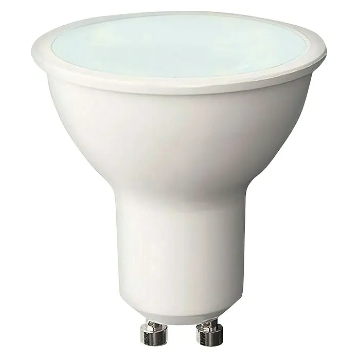 Steinel Außenstehleuchte Spot Way SC anthrazit - Farbe Gehäuse: Anthrazit, Warmweiß, 22,6 x 14 x 57,2 cm, Mit Leuchtmittel - Nahaufnahme einer GU10 LED-Lampe, die ein klares, weißes Licht ausstrahlt und für moderne Beleuchtungslösungen konzipiert ist.