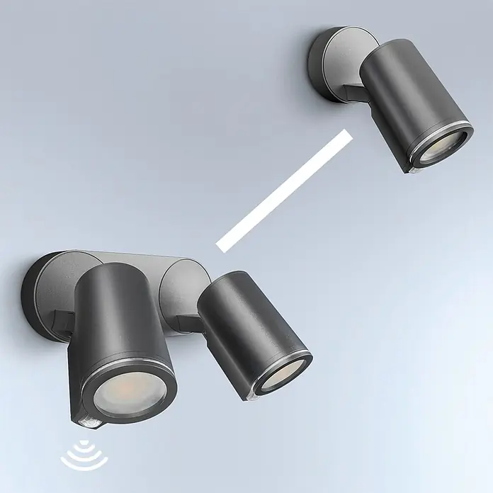 Steinel LED-Sensor-Außenwandleuchte Spot Duo S anthrazit - 14,95 W, L x B x H: 9,8 x 24,7 x 17,5 cm, Anthrazit, Warmweiß - Zwei moderne, graue LED-Außenwandstrahler mit Bewegungsmelder, die eine effiziente und stilvolle Beleuchtungslösung bieten.