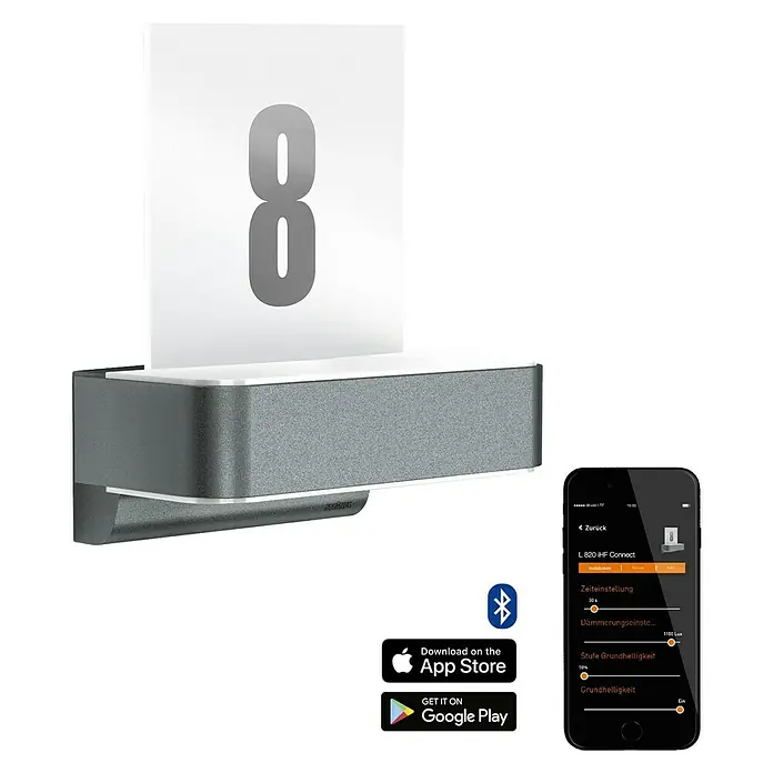 Steinel Aplique exterior LED L 820 SC - 9,8 W, 14,6 x 23 x 26,1 cm, Antracita, IP44 - La imagen muestra una lámpara de número de casa con el número 8, junto a un smartphone con control de aplicaciones y botones de descarga.