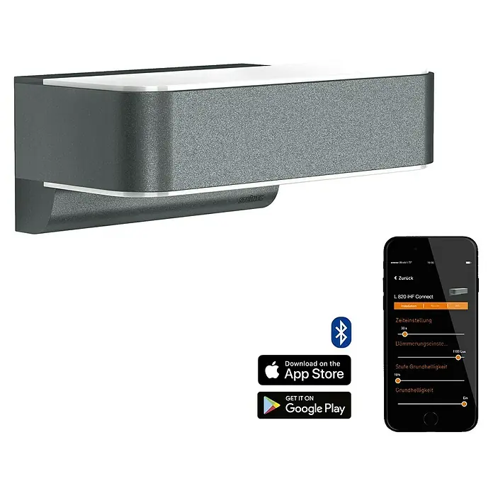 Steinel LED-Sensor-Außenwandleuchte L 810 SC anthrazit - L x B x H: 14,6 x 23 x 9,1 cm - Das Bild zeigt die Steinel L 820 iHF Connect Außenleuchte und die zugehörige Smartphone-App zur Steuerung der Funktionen.