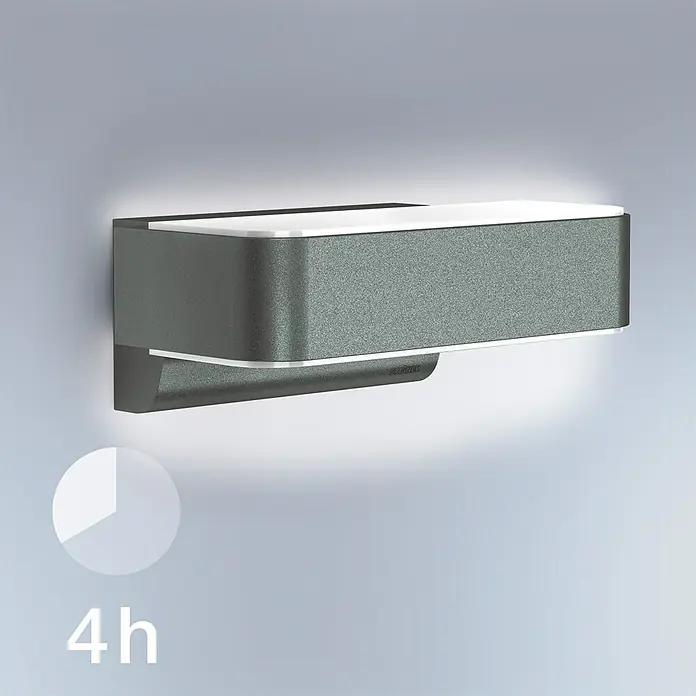 Steinel LED-Sensor-Außenwandleuchte L 810 SC anthrazit - L x B x H: 14,6 x 23 x 9,1 cm - Bild einer modernen Wandleuchte mit 4h-Symbol für die Akkulaufzeit.