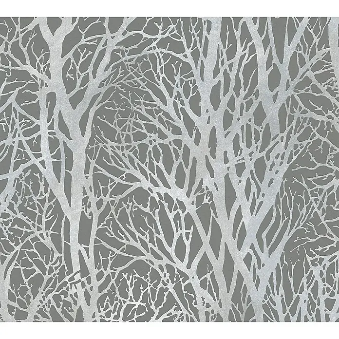 A.S. Création New Life Vliestapete Bäume - Grau/Silber, Floral, 10,05 x 0,53 m - Nahaufnahme eines grauen Hintergrunds mit einem Muster aus stilisierten, silbernen Baumzweigen, die eine elegante und natürliche Textur erzeugen.