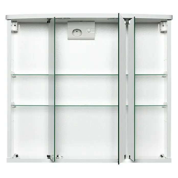 Jokey LED-Spiegelschrank Funa - B x H: 68 x 60 cm, Holz, Weiß - Weißer Spiegelschrank mit drei Türen und Glasregalen, inklusive Steckdose und Schalter für Badezimmer.