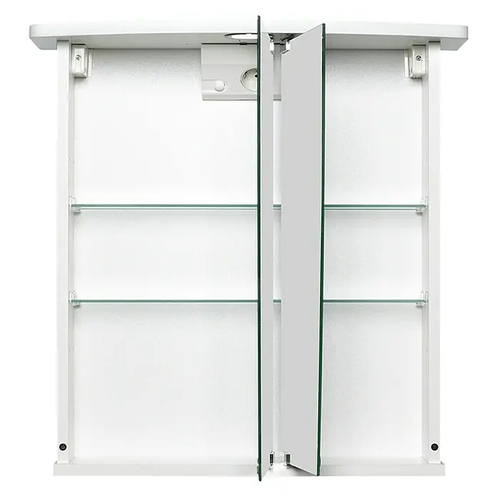 Jokey LED-Spiegelschrank Numa - B x H: 58 x 59,5 cm, Holz, Weiß - Aufnahme eines weißen Spiegelschranks mit Glasböden und Steckdose, eine Tür ist geöffnet.