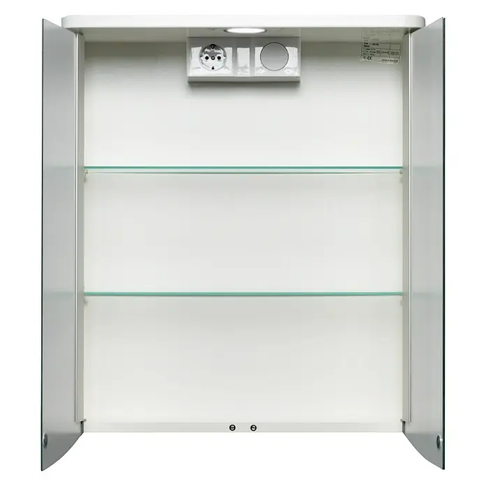 Jokey LED-Spiegelschrank Akola - B x H: 55 x 66 cm, Holz, Weiß - Weißer Spiegelschrank mit zwei Regalböden und integrierter Steckdose, perfekt für Badezimmerutensilien.