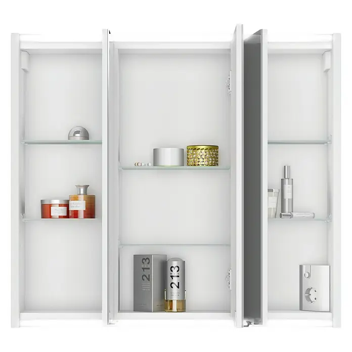 Jokey LED-Spiegelschrank Batu - B x H: 80 x 70,8 cm, Holz, Weiß - Ein offener Badezimmerschrank mit Glasböden, auf denen verschiedene Badutensilien wie Parfüm, Cremes und dekorative Gegenstände stehen.
