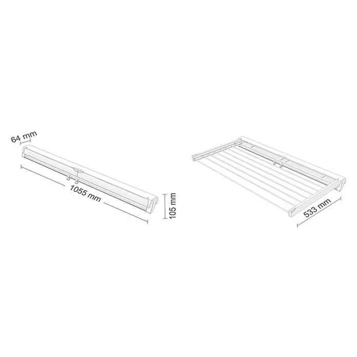 Juwel Wandwäschetrockner ARTDRY 100 - Länge Wäscheleine: 8,7 m, 105,5 cm, Farbe: Weiß - Abbildung einer Wäschespinne mit Angaben zu den Maßen von 64 mm, 1055 mm und 533 mm für eine klare Größenreferenz des Produkts.