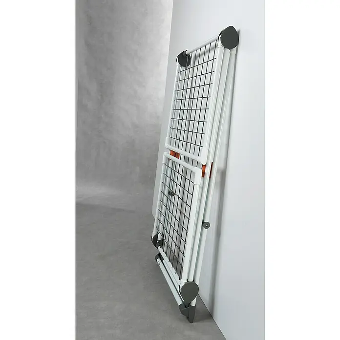 Juwel Flügel-Wäscheständer SuperDry Maxi - Länge Wäscheleine: 20 m, L x B x H: 117,4 x 57,9 x 7,9 cm, Obsidian Grey - Zusammengeklappter Wäscheständer mit weißem Rahmen und schwarzem Gitter. Ideal für kleine Räume und einfache Lagerung.