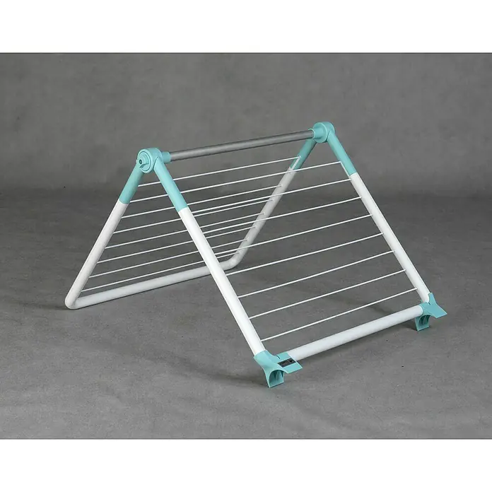 Juwel Stand-Wäscheständer SuperDry Wing - Länge Wäscheleine: 8,8 m, L x B x H: 103,1 x 60,1 x 7,1 cm, Weiß/Mint - Wäscheständer mit blau-weißen Dreiecksrahmen und horizontalen Trockenstäben aus Metall, ideal für energieeffizientes Trocknen im Innenbereich.