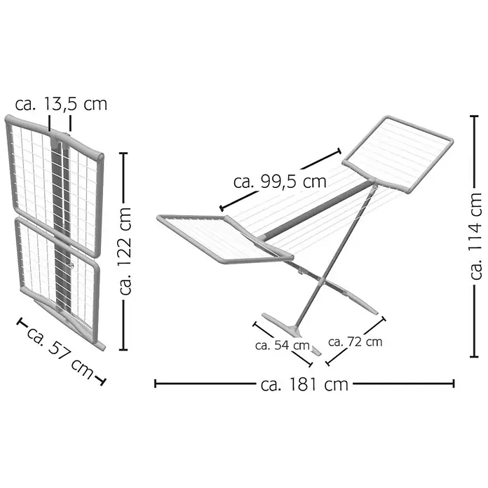 Juwel Flügel-Wäscheständer FashionDry Autostretch - Länge Wäscheleine: 18 m, L x B x H: 180 x 57,5 x 103,5 cm, Mint - Bild mit den Maßangaben eines Wäscheständers, sowohl zusammengeklappt als auch aufgeklappt.