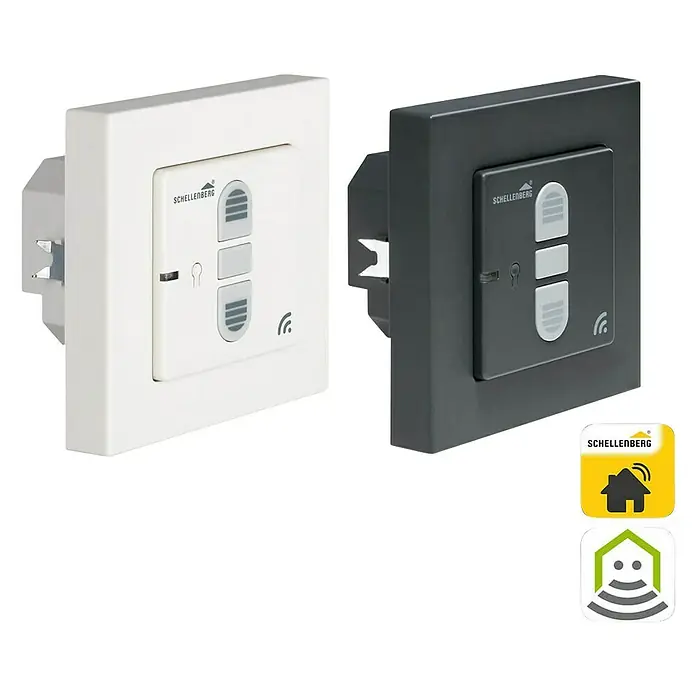 Schellenberg Smart Home Interruptor de recepción por radio - 80 x 80 x 40 mm, Blanco, Montaje enrasado - Dos interruptores horarios de persiana Schellenberg en blanco y gris con símbolos de subir y bajar.