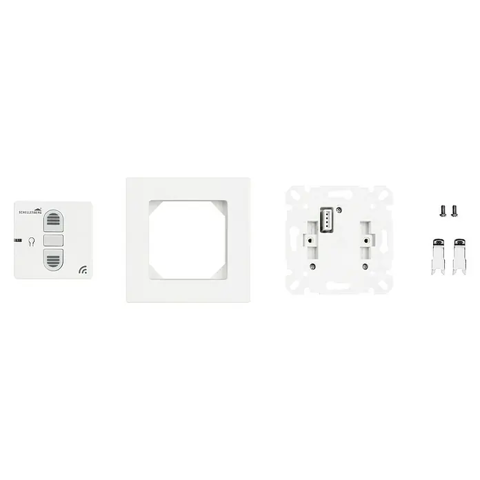Schellenberg Smart Home Interruptor de recepción por radio - 80 x 80 x 40 mm, Blanco, Montaje enrasado - Imagen del producto de un transmisor de pared de radio Schellenberg con accesorios para una fácil instalación.