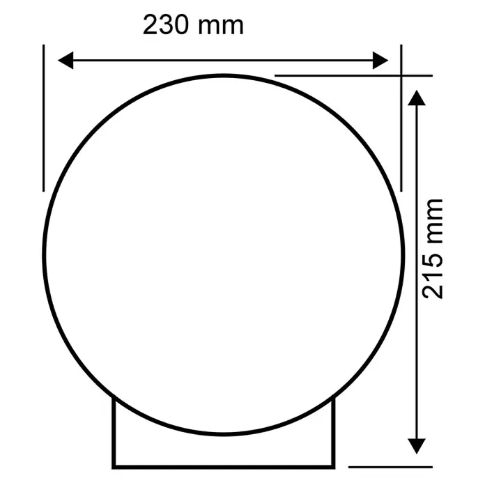 Paulmann Neordic Tischleuchte rund Ingram - 20 W, Ø x H: 230 mm x 21,5 cm, Grau, E27 - Abbildung mit Bemaßung eines Produkts, die eine Kugel mit einem Sockel und den Maßen 230 mm Breite und 215 mm Höhe zeigt.