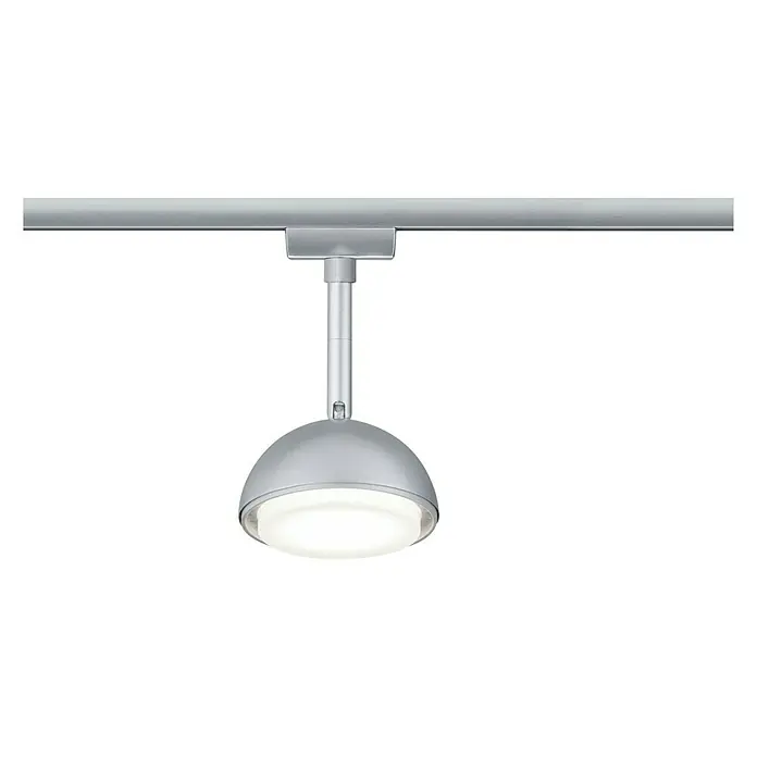 Paulmann URail Foco LED para riel Hemi - 5 W, Cromado mate, L x An x Al: 5,6 x 10 x 17 cm - Primer plano de una lámpara de carril hemisférica plateada con LED integrado, que ofrece una solución de iluminación moderna y adaptable.