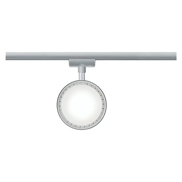 Paulmann URail Foco LED para riel Hemi - 5 W, Cromado mate, L x An x Al: 5,6 x 10 x 17 cm - Primer plano de un foco LED redondo en un riel plateado, que muestra un diseño de iluminación moderno y brillante.