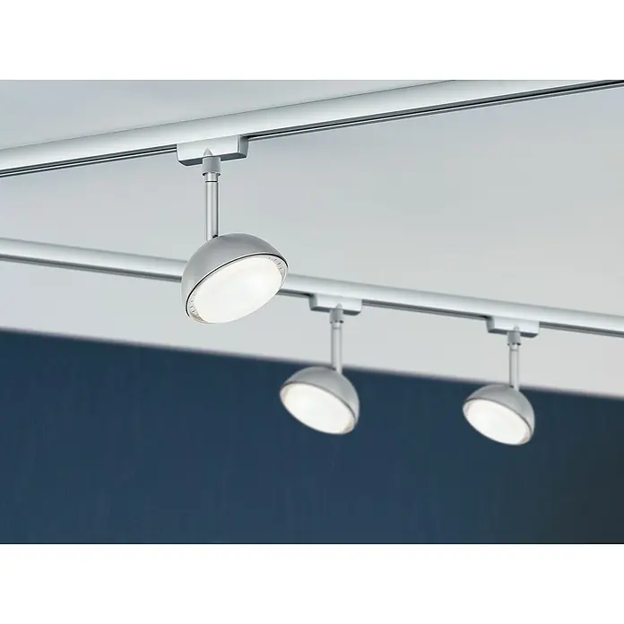 Paulmann URail Foco LED para riel Hemi - 5 W, Cromado mate, L x An x Al: 5,6 x 10 x 17 cm - Tres focos LED de carril modernos en plata montados en un carril, ofreciendo una solución de iluminación brillante y flexible.