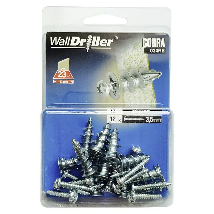 Cobra Gipskartondübel Walldriller - Durchmesser: 3,5 mm, Belastbarkeit: 28 kg, 12 Stk., Selbstschneidendes Gewinde, Zink - WandDriller Cobra 034RE Dübel-Set, ideal für Trockenbauwände. Enthält 12 Dübel und Schrauben (3,5 mm), geeignet für Lasten bis zu 23 kg.