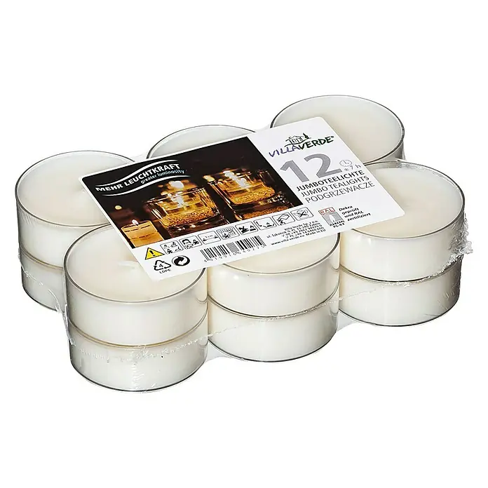 Vela de té - Blanco, Tiempo de combustión aprox.: 7 h, 12 ud. - Paquete de 12 velas de té jumbo Villaverde, ideal para iluminación ambiental con mayor duración.