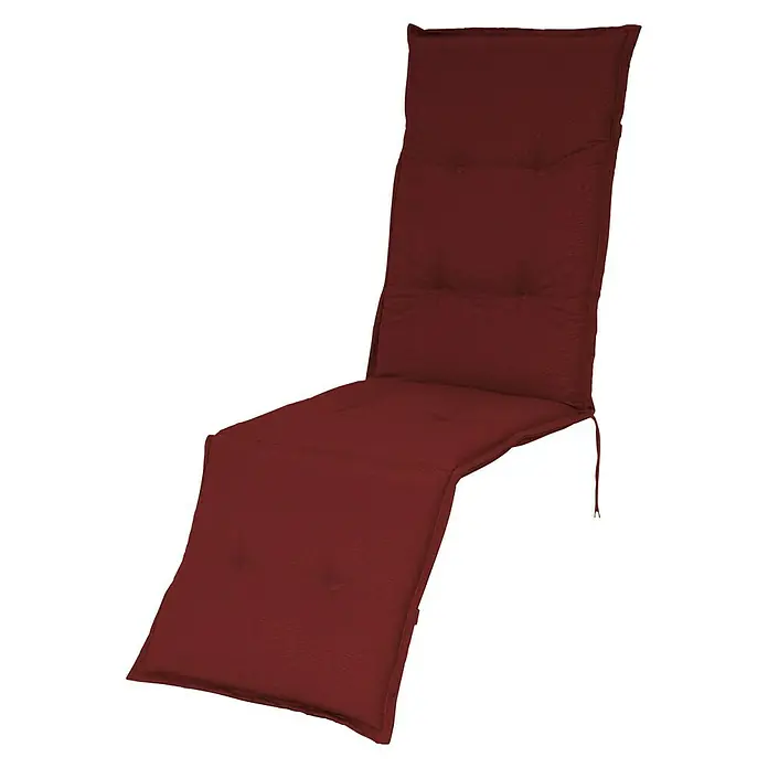 Sunfun Basic-Line Sitzauflage Relax - Bordeaux, L x B x H: 174 x 50 x 6 cm, Materialzusammensetzung Bezug: Baumwoll-Polyester-Mischgewebe - Ein burgunderroter Liegestuhlauflage mit Knöpfen für bequemes Entspannen im Freien. Die Polsterung bietet zusätzlichen Komfort.