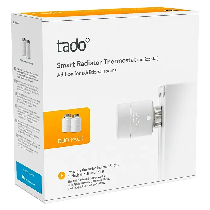 Tado Smartes Termostato de radiador Duo pack - M30 x 1,5 mm, 2 ud. - Imagen del paquete del termostato de radiador inteligente Tado con Duo Pack para habitaciones adicionales.