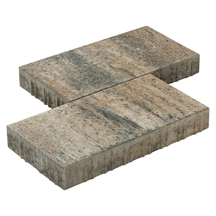 Diephaus Pflasterstein Lincoln - Muschelkalk, 60 x 30 x 8 cm, Rechteckig - Zwei Pflastersteine in einer grauen Farbpalette mit dunklen Maserungen, ideal für Gehwege oder Terrassen.