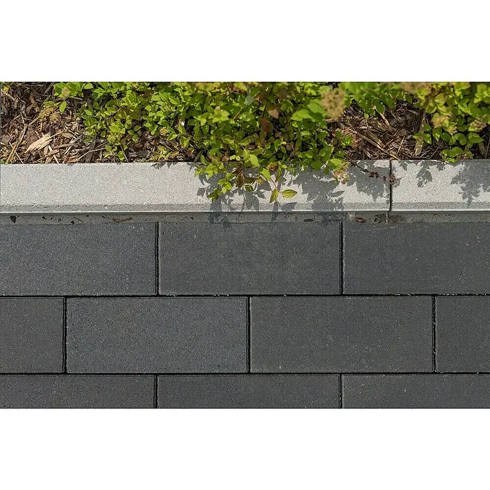 Diephaus Pflasterstein Lincoln - Basalt, 45 x 15 x 8 cm, Rechteckig - Pflastersteine aus Beton mit einer grauen Bordsteinkante und Pflanzen im Hintergrund. Ideal für Gärten und Terrassen.
