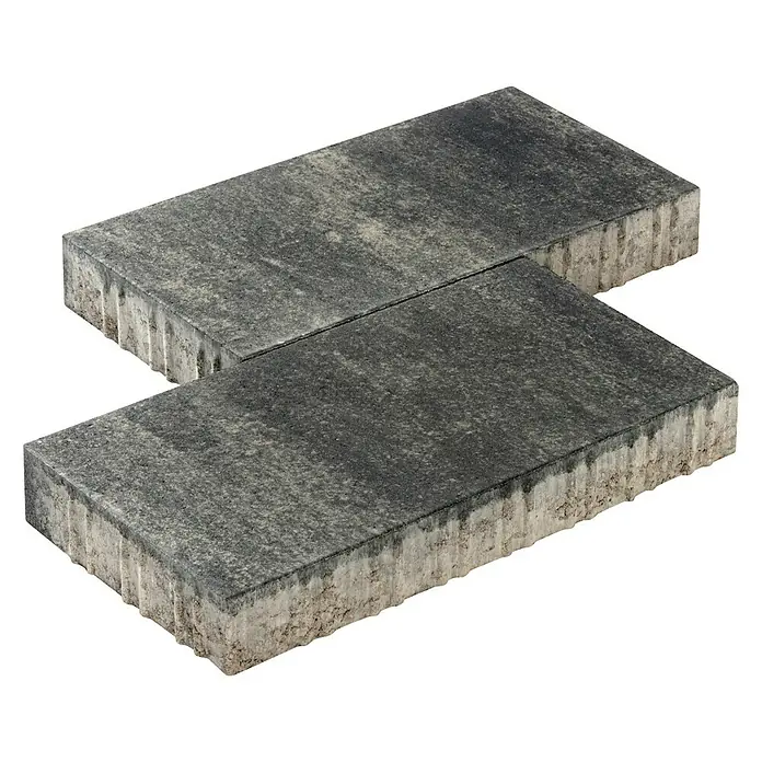 Diephaus Pflasterstein Lincoln - Quarzit, 60 x 30 x 8 cm, Rechteckig - Zwei graue Pflastersteine auf einem schwarzen Hintergrund. Die Steine haben eine raue Oberfläche und eine unregelmäßige Form.